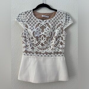 Bailey 44 White and Tan Lace and Faux Leather Peplum Short Sleeve Blouse Size S